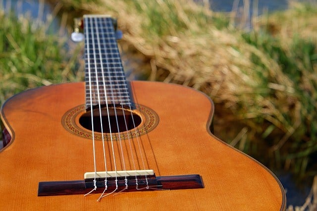Close up of guitar with nylon strings