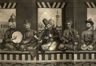 نقاشی قدیمی از یک گروه موسیقی 