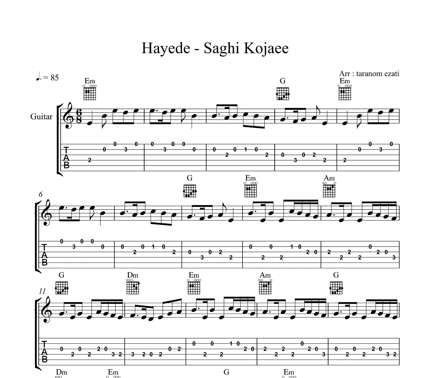 نت پیانو یخشی از نت گیتار ساقی